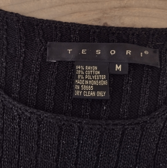 Tesori Vintage Black Ribbed Knit Pullover Short Sleeve Sparkle Sweater Size M - Picture 3 of 10